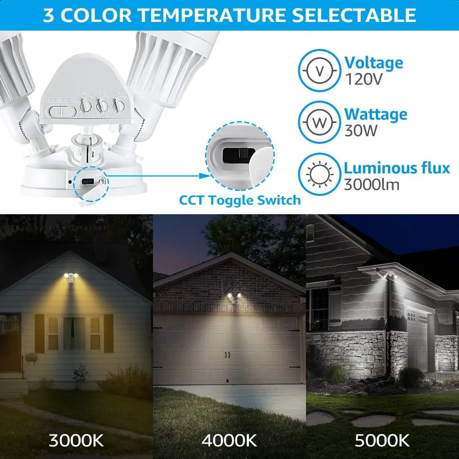 LED Security Light Motion Sensor Flood Lights 3000K 4000K 5000K Selectable Adjustable 2Head White