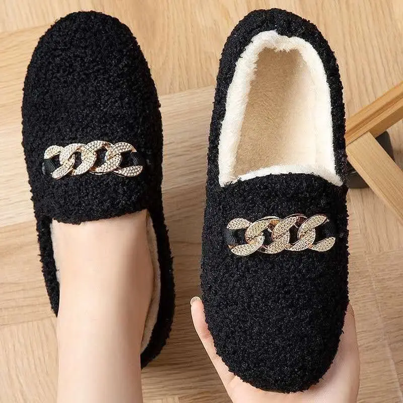 Winter New Hairy Shoes Flat Bottom with Velvet Cotton Shoes Thick Bottom Butterfly Knot Cotton Shoes Low Top Warm Shoes Sell Off