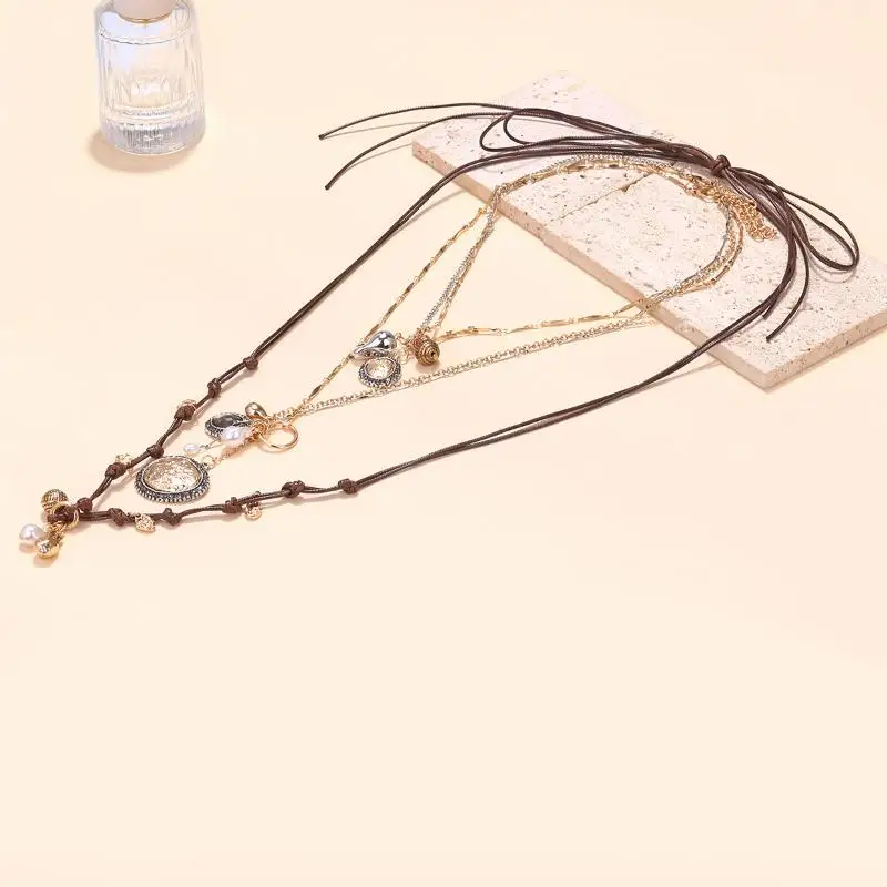 

Z. Bohemian Style Multi-layer Rope Chains Metal Round Coin Badge Pendant Necklaces For Girl Holiday Party Jewelry Neck Accessory