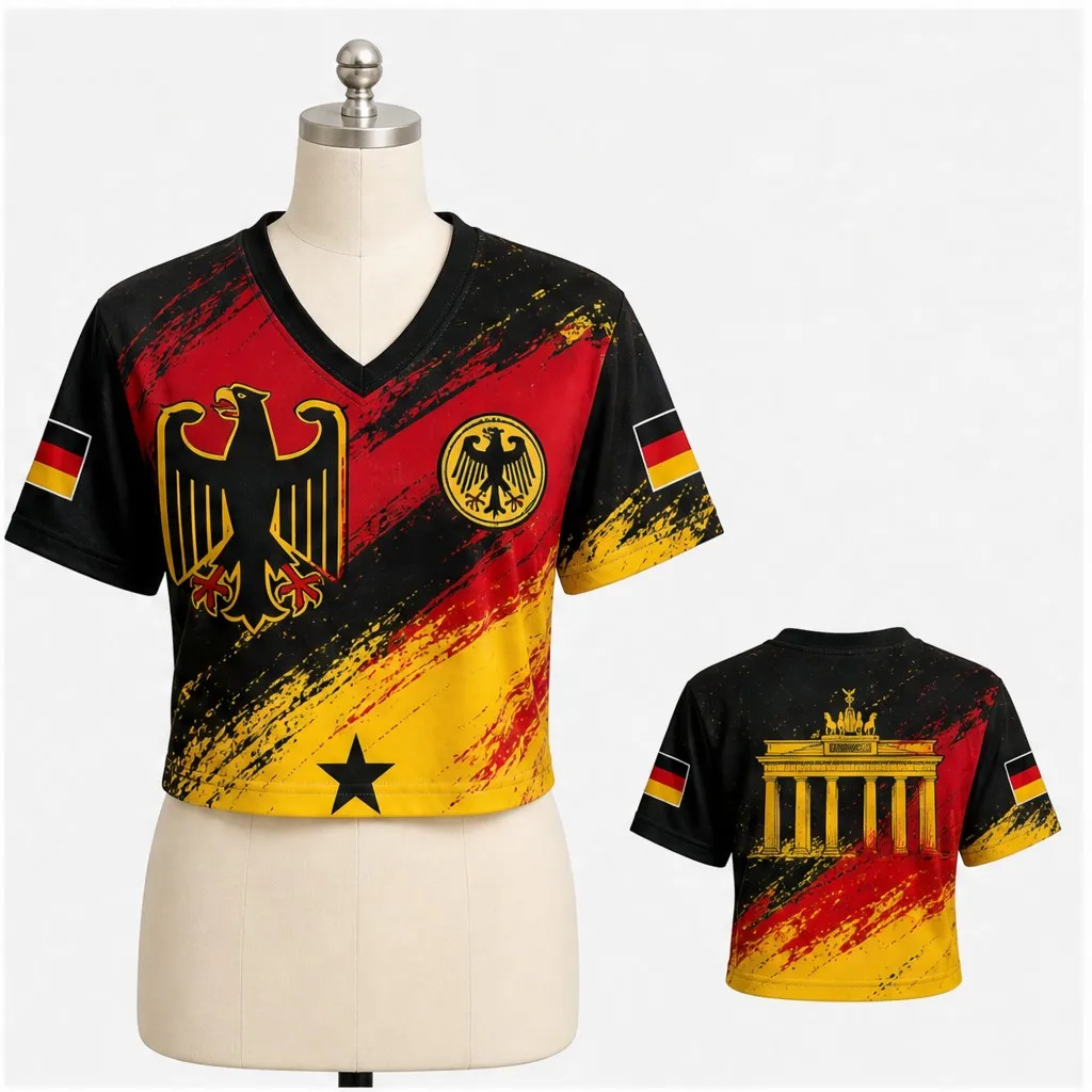 Womens Germany V Neck Short Sleeve Crop Top Eagle Gate Art Print Casual Summer Shirt for Street Travel Holiday and Everyday Wear