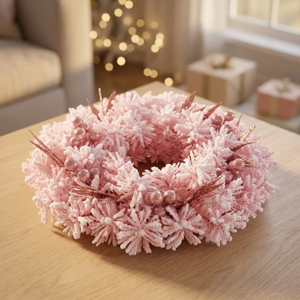 Pink Christmas Candle Ring Decor with Frosted Foliage and Berry Accents for Tabletop Mantel Shelf Display 28x28x8cm