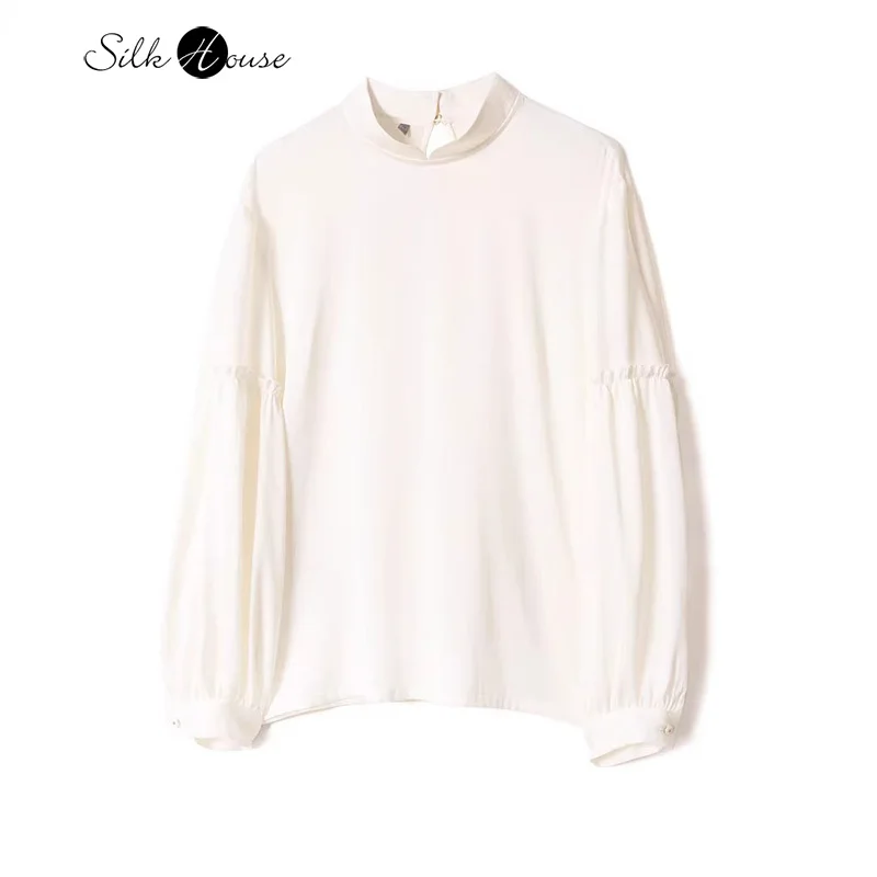 2024 Women's Fashion Spring/Autumn New 92.8% Natural Mulberry Silk Elastic Satin Stand Collar White Lace Long Sleeved T-shirt