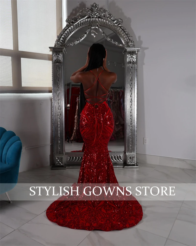 African Black Girl Prom Dress Sparkly Sequined Mermaid Formal Gown Evening Gowns Red Luxury Dresses Birthday Party Customized