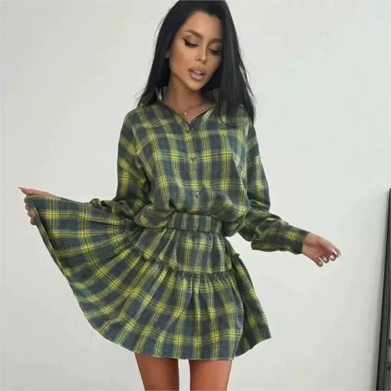Retro Lapel Shirt Ruffle Short Skirt Sets Women Fashion Long Sleeve Tops Mini Skirts Two Piece Set Female Preppy Lady Outfits