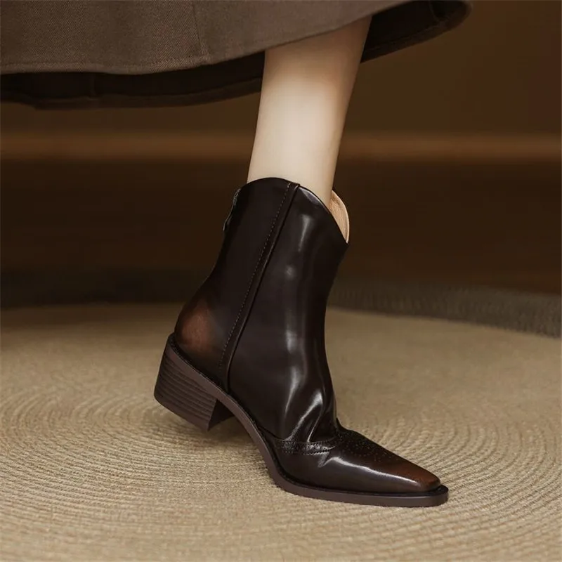 New Autumn Winter Split Leather Women Boot Shoes for Women Square Toe Fashion Brogue Designs Short Boots Handmade Western Boots