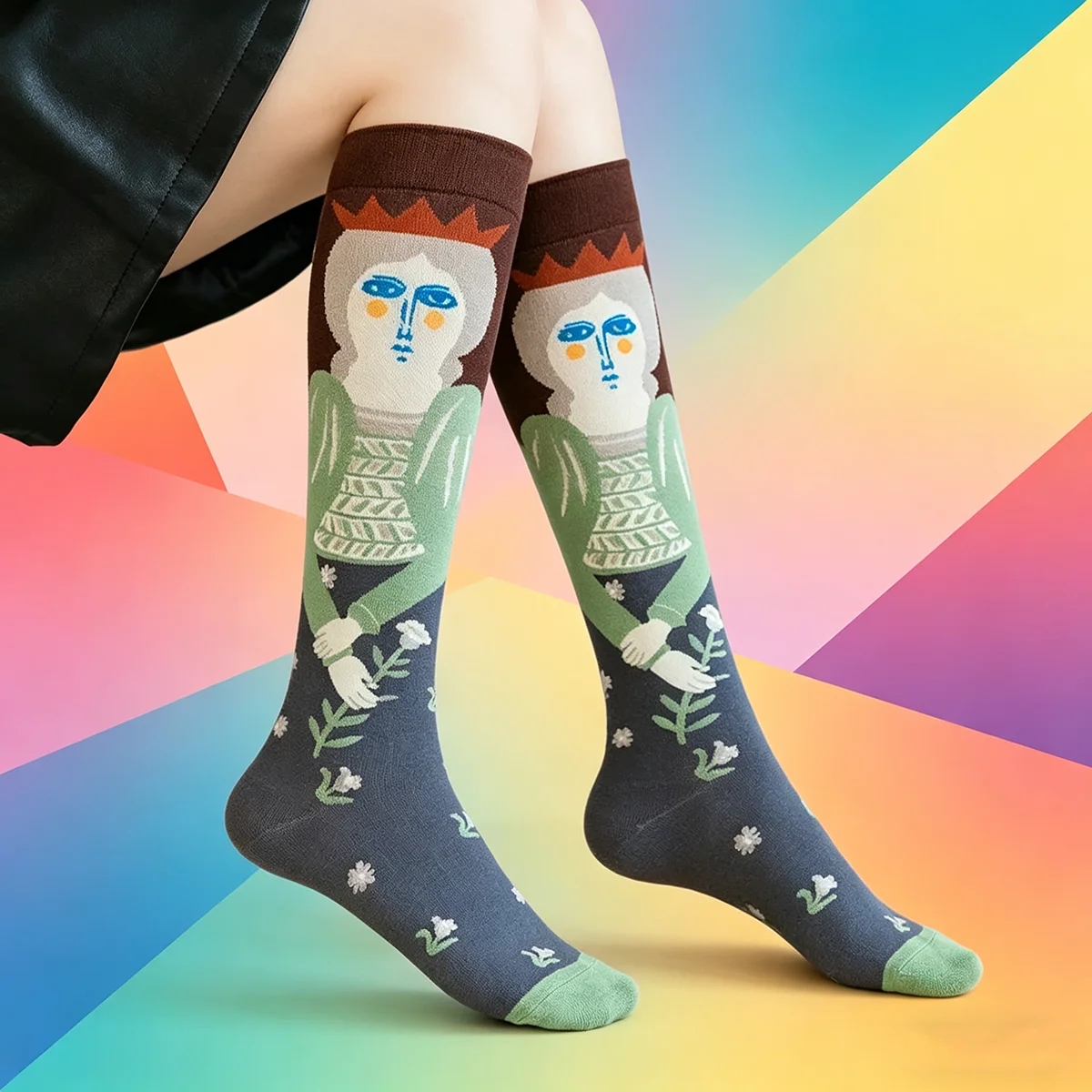 Baumwoll-Retro-Stil Ölgemälde Abstrakte Beinsocken Lange Socken Damen Overknee Strümpfe Mädchen Warme Kniestrümpfe