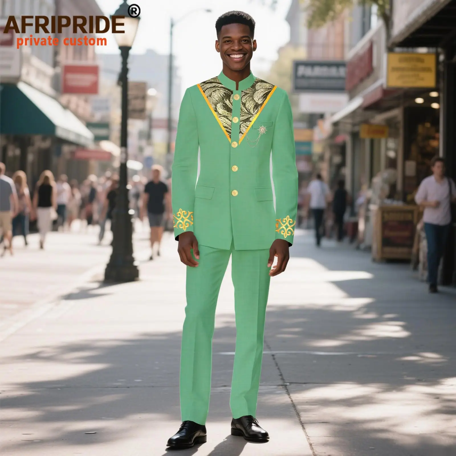 African Suits for Men Slim Fit Embroidery Brooch Single Breasted Jacket and Pants 2 Piece Set Dashiki Wear for Wedding 2516059