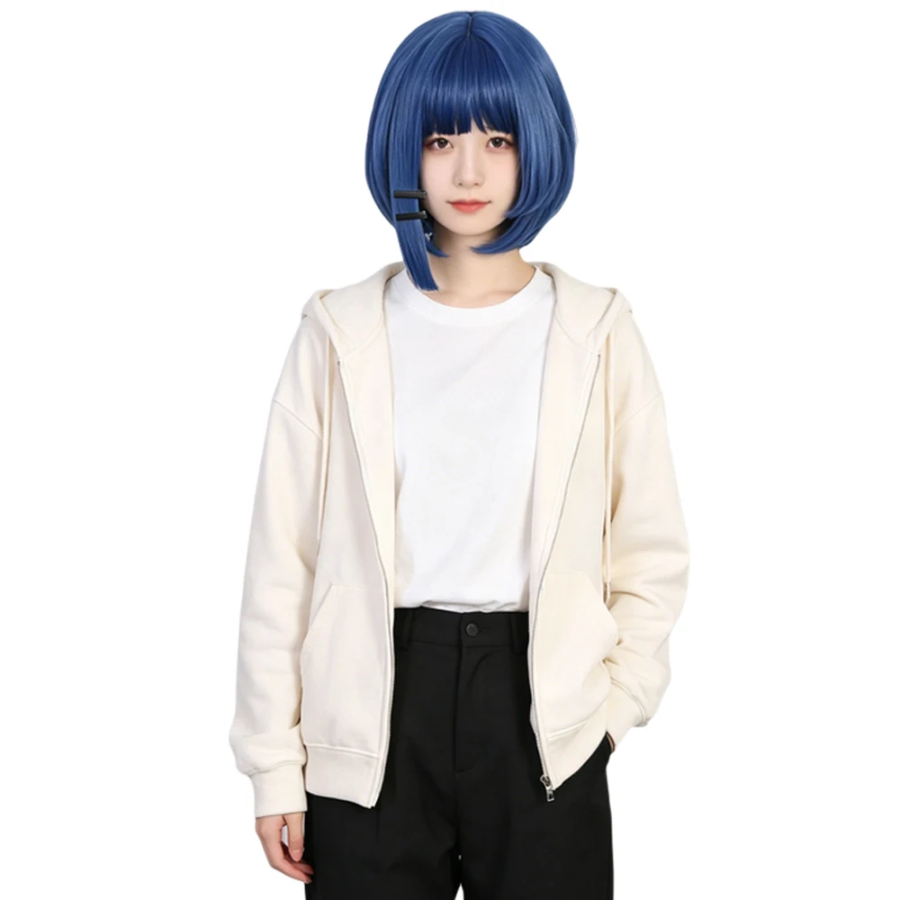 Blue Bob Short Wig for Women with Black Clips High Temp Fiber Natural Fluffy Straight Bangs Daily Versatile Face Slimming Trendy view 2
