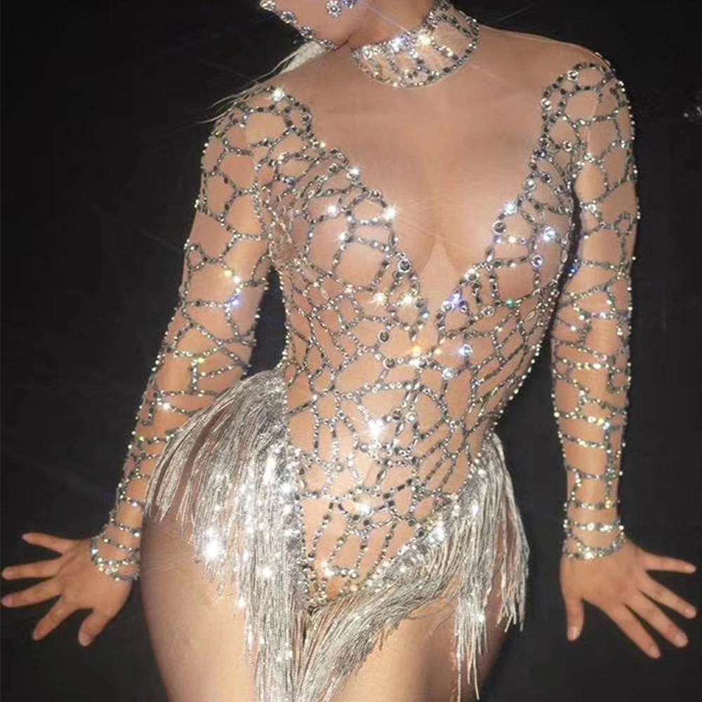 Bodysuits de strass cintilantes com borla para mulheres, desempenho sexy boate, roupas de festa, traje drag queen, decoração espumante