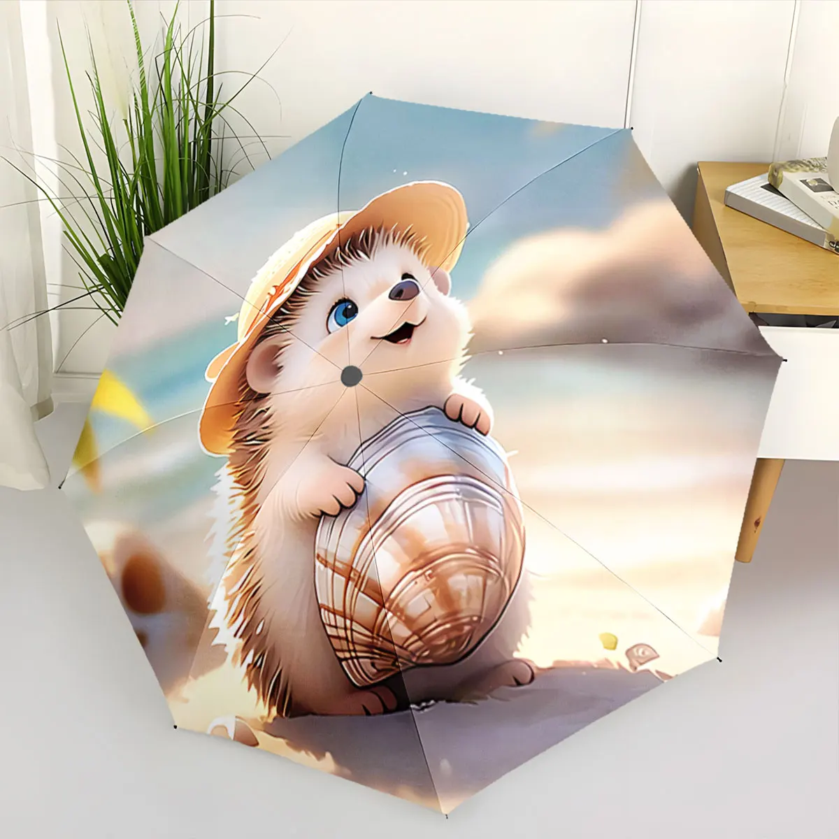 Cute Hedgehog with Shell on Sunny Beach Umbrella Design portable waterproof sun rain umbrella for outdoor travel beach