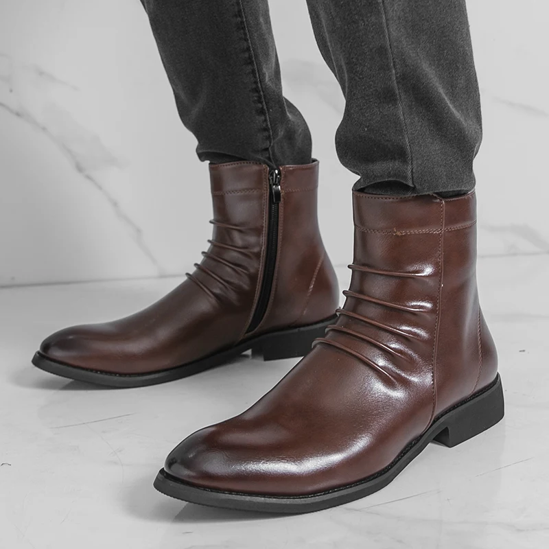 

Brand PU Men's Chelsea Boots Black Brown Classic Handmade Designer Fashion Business Office Dress Shoes Artificial Leather 36-47