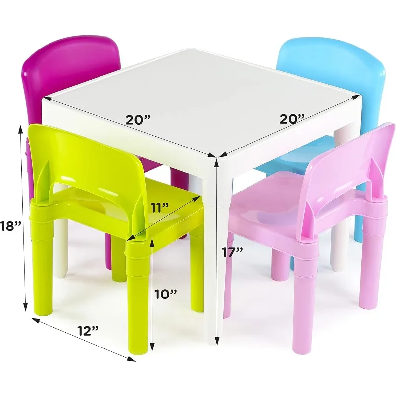 Ensemble de table et chaises pastel en plastique pour enfants, blanc, robuste, léger, construction en plastique moulé, capacité de poids de 50 lb par chaise, 4 pièces