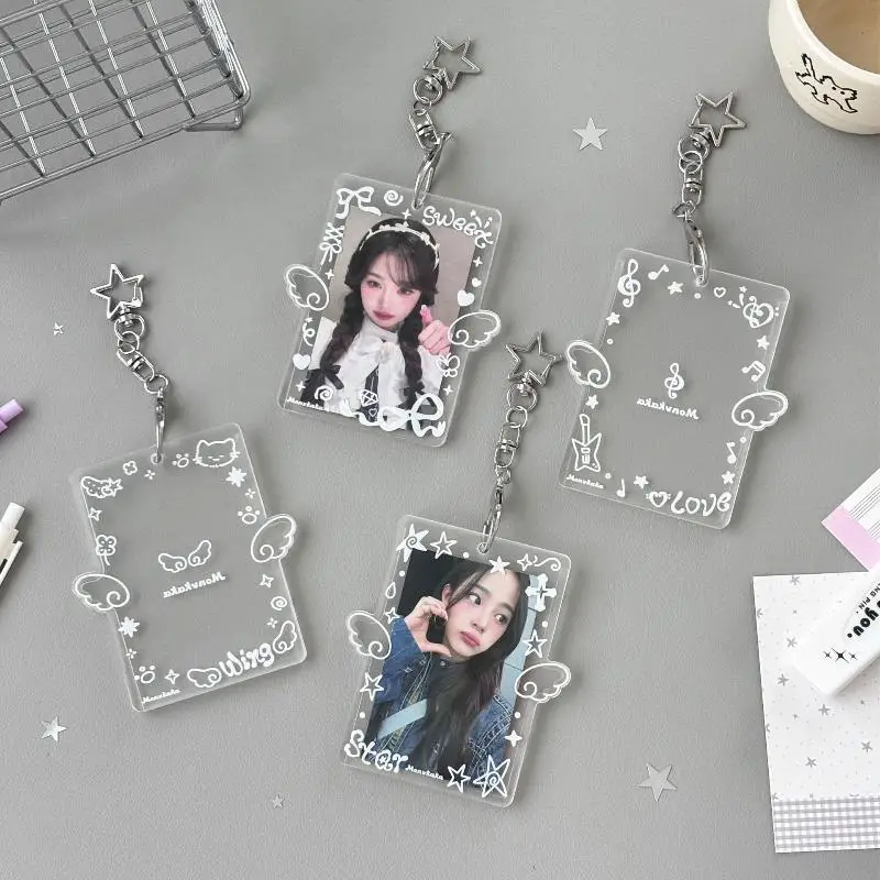 Clear Acrylic Photo Card Holder Lovely Wing Print Star Keychain Anti-drop for K- Fans Card Display Ornament
