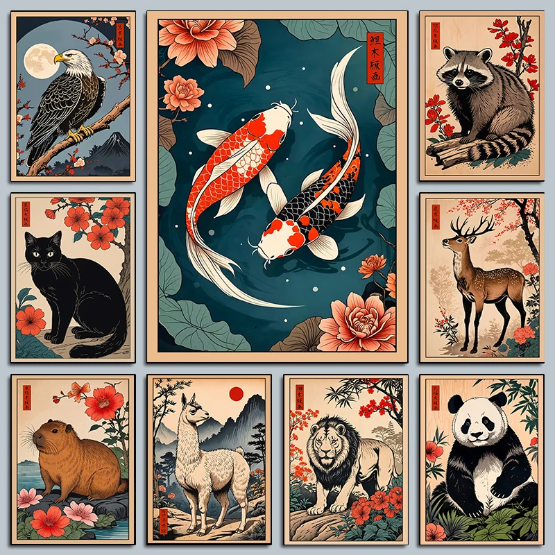 Vintage Japanese Animals Traditional Canvas Wall Art Posters,Unframed Koi Fish Prints Canvas Painting Wall Art for Bedroom Decor