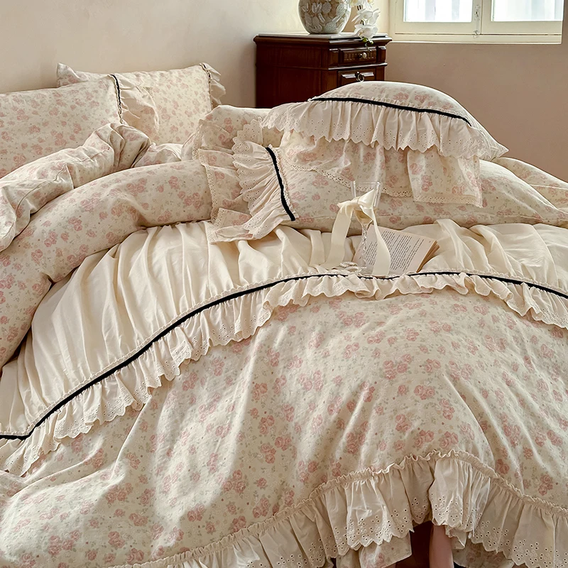 100% Cotton Vintage French Cottagecore Floral Print Ruffled Lace Bedding Set Duvet Cover Bed Sheet/Fitted Sheet Pillowcases 4Pcs