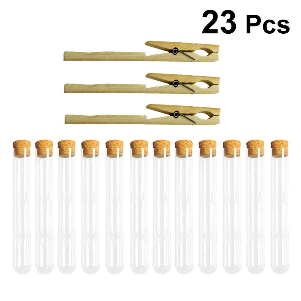 

23pcs 15*100mm Hard Plastic Test Tube Cork Release Tube Sealed Tube Pin Tubes with Wooden Plugs and 3 Clips