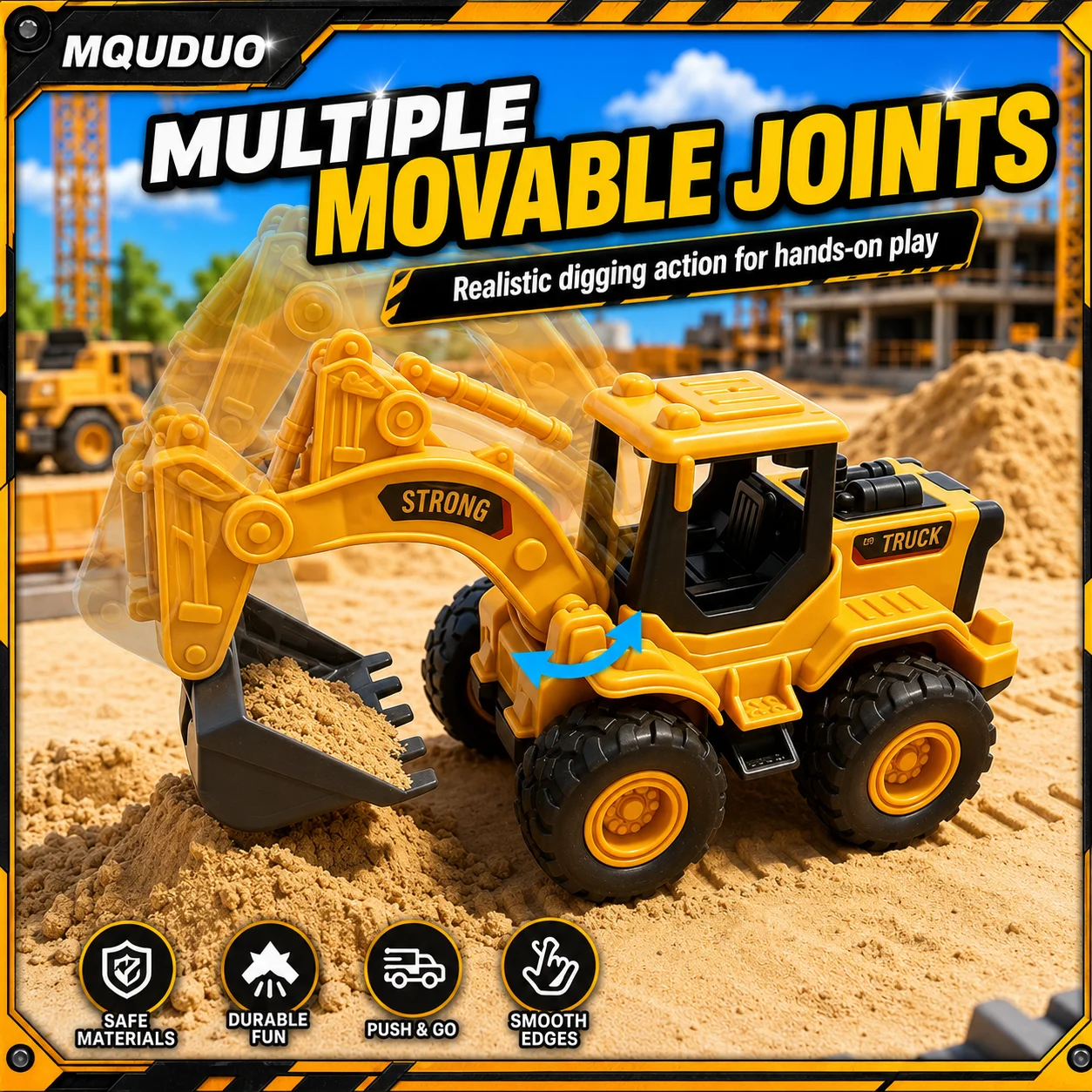 MQUDUO 4PCS Friction Powered Construction Vehicle Set, Push and Go Excavator Loader Road Roller Digger Models for Sand Play