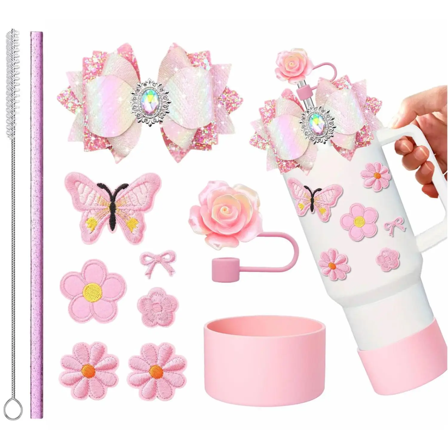 for Stanley Accessories Rose Straw Topper Silicone Sleeve Flower Butterfly Embroidery Sticker Glitter Leather Bow Deco