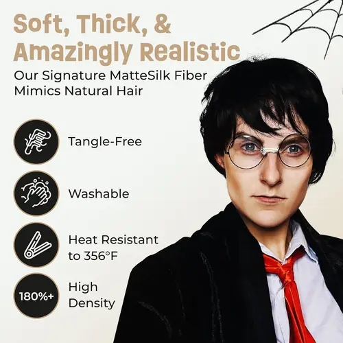 Imagen 2 del producto Peluca de mago para niño, gafas, conjunto de personajes, pelucas negras cortas para adultos |   Compatible con la peluca sintética Harry Potter