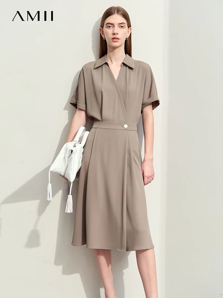 

Amii Minimalism 2024 Summer New Lapel Sleeve Half Placket Dresses For Women Morandi Color Draped Midi Loose Lady Dress 12412001