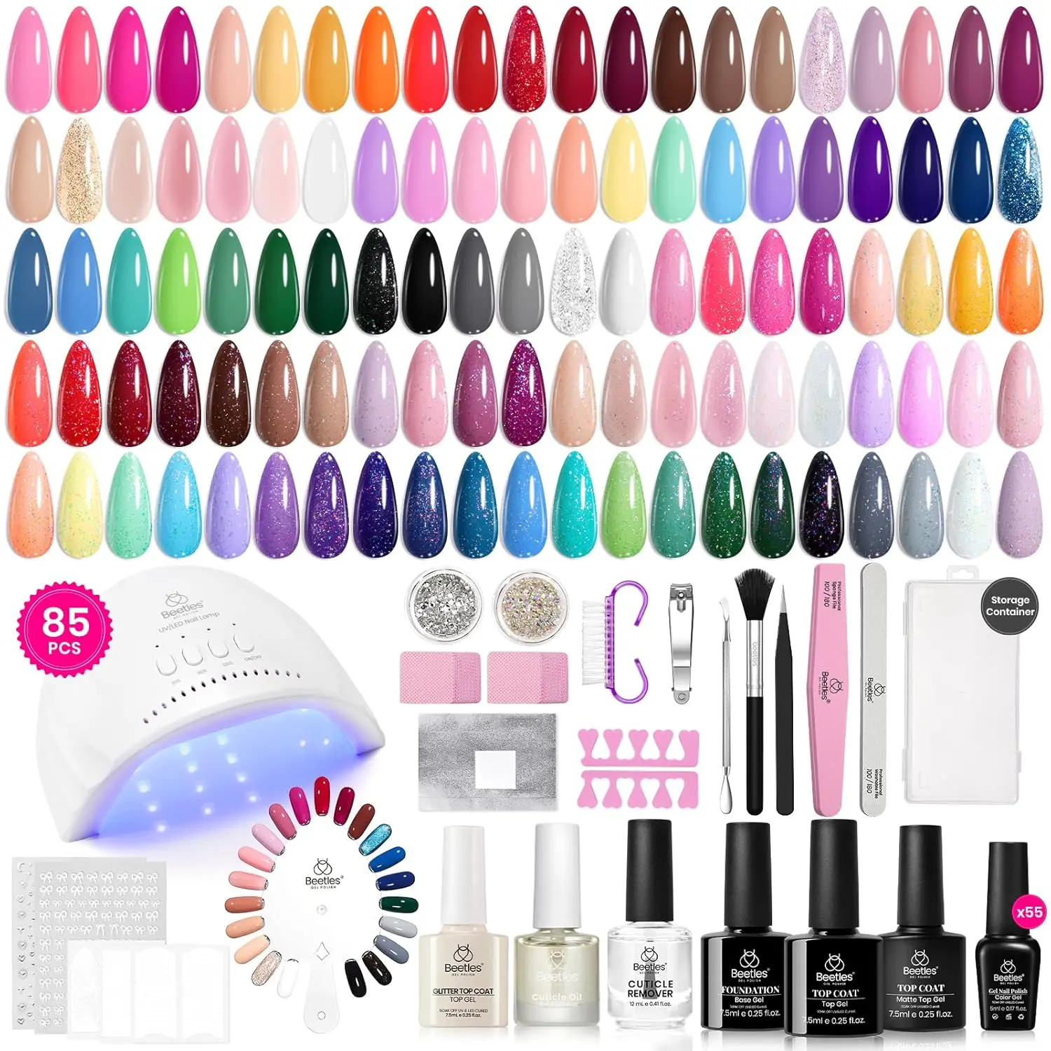 Kit de 85 Piezas de Esmalte de Uñas en Gel con Lámpara UV, Set de 55 Colores de Temporada, Decoraciones de Diamantes y Herramientas para Todas las Temporadas