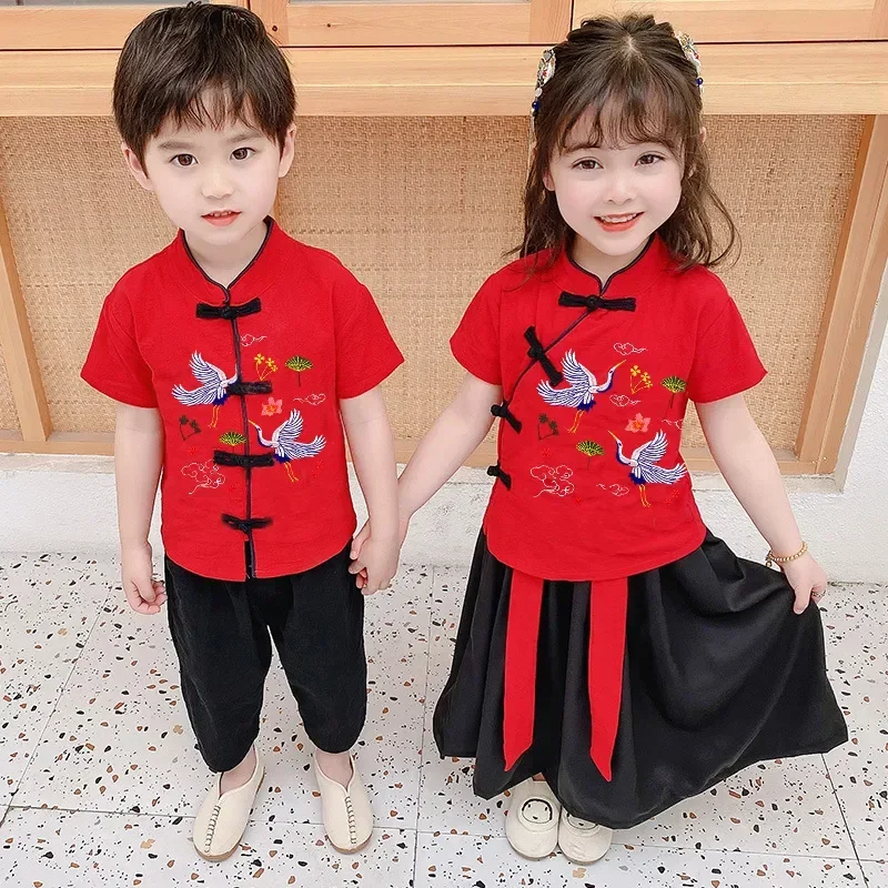 2Pcs Traditional Chinese New Year Costumes Clothes for Kids Spring Festival Tang Suit Girl Boy Sets Short Sleeve Top Pants Skirt