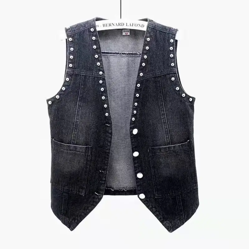 

Fashion Lace Beaded Denim Vest Women Cardigan 2025 New Spring Sleeveless Jacket Fashion Loose Vintage Jeans Waistcoat Tide R359