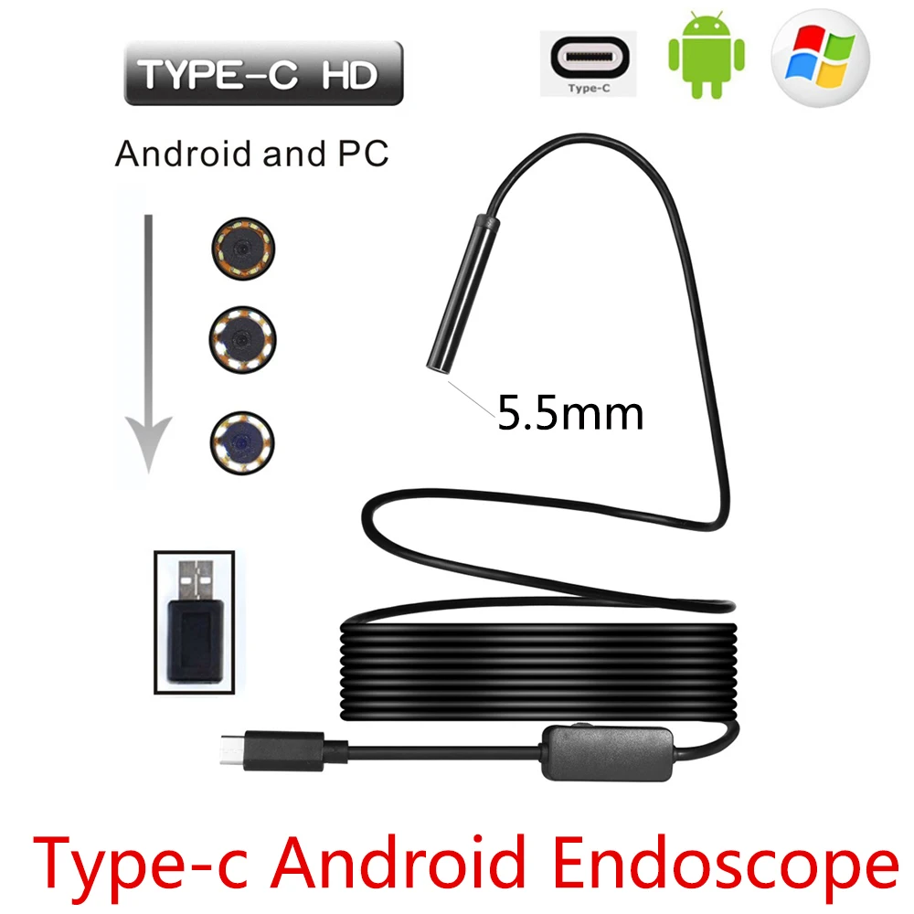 

5.5mm USB Type-C Android Endoscope Camera Flexible Snake USB Type C Hard Wire 1M 3M 5M 7M 10M Cable Inspection Camera Borescope