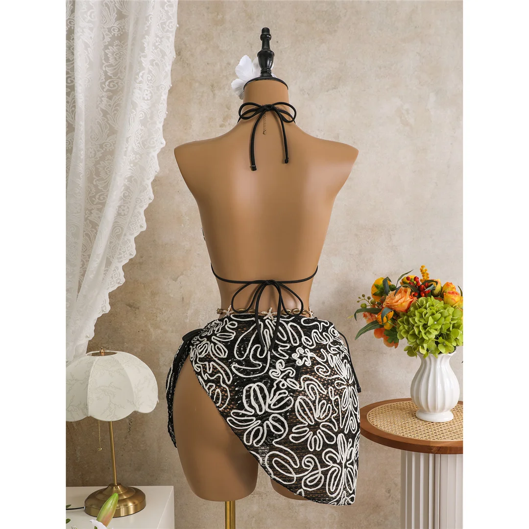 Mit Sarong-Halterneck-Bikini, bedruckter Bikini, Damen-Badebekleidung, dreiteiliges Bikini-Set, gepolsterter Badeanzug, Badebekleidung, Badeanzug, Modell V8073. – Detail 16