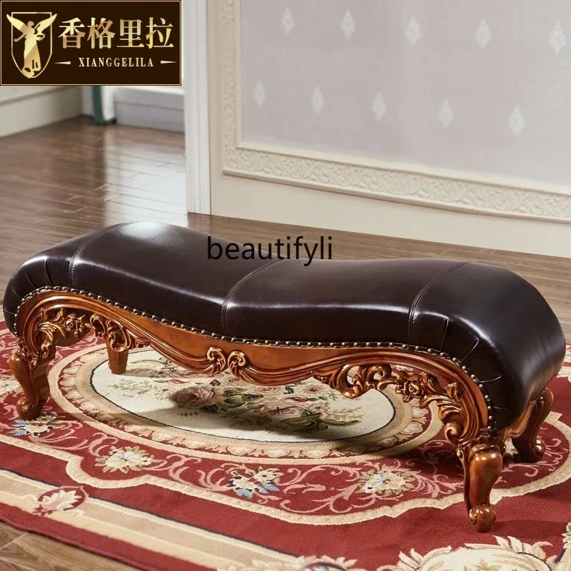 32European first layer leather bedside stool full wood carving flower, bench American bedside stool