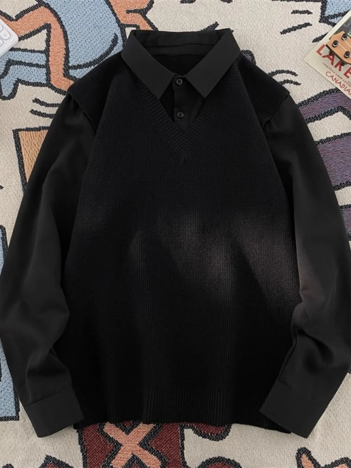 

Оверсайз вязаный свитер 300 пу, в стиле японского фэшн-бренда, имитация двухслойного, для мужчин и женщин, весна-осень, трендовый, в американском студенческом стиле