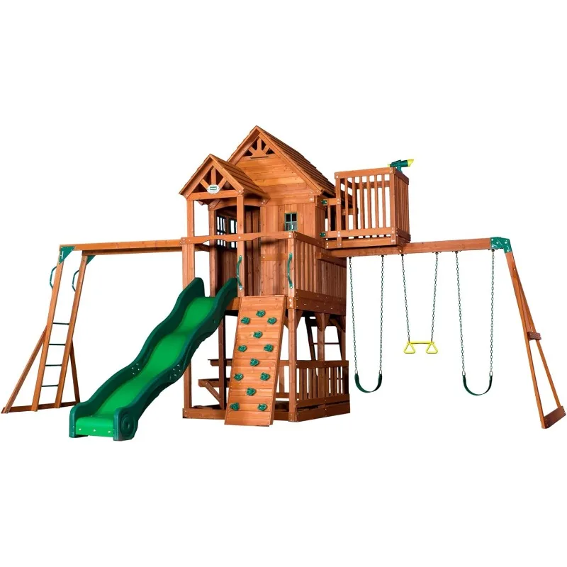 Skyfort II Playground Wood Swing Set with Playhouse Fort, Rock Climber, Outdoor Playset for kids Age 3-10 years