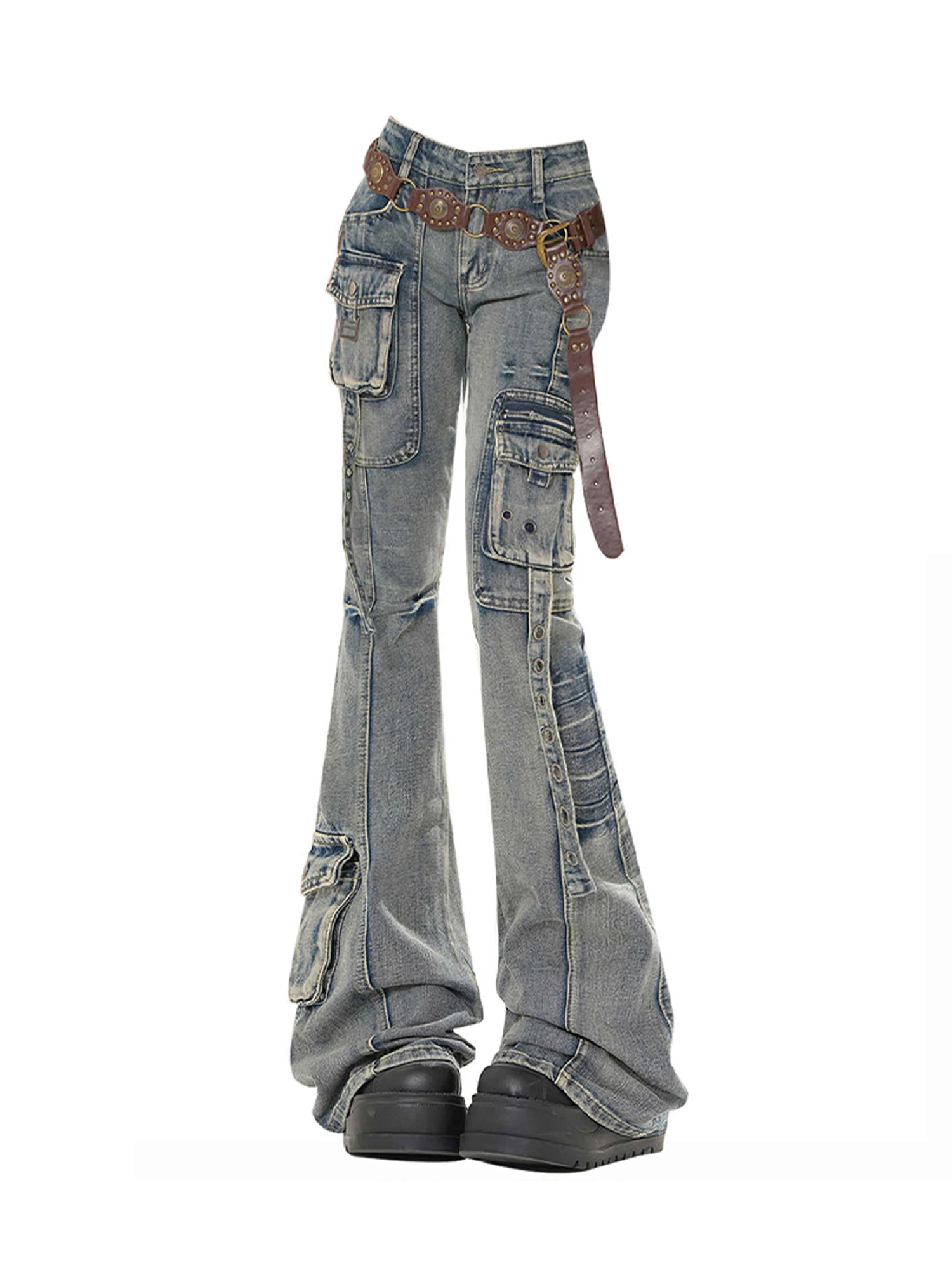 

Женские синие расклешенные джинсы-карго Y2k, винтажные джинсовые брюки в стиле Харадзюку, японский стиль 2000-х годов, джинсовые брюки большого размера, одежда, осень 2025 г.