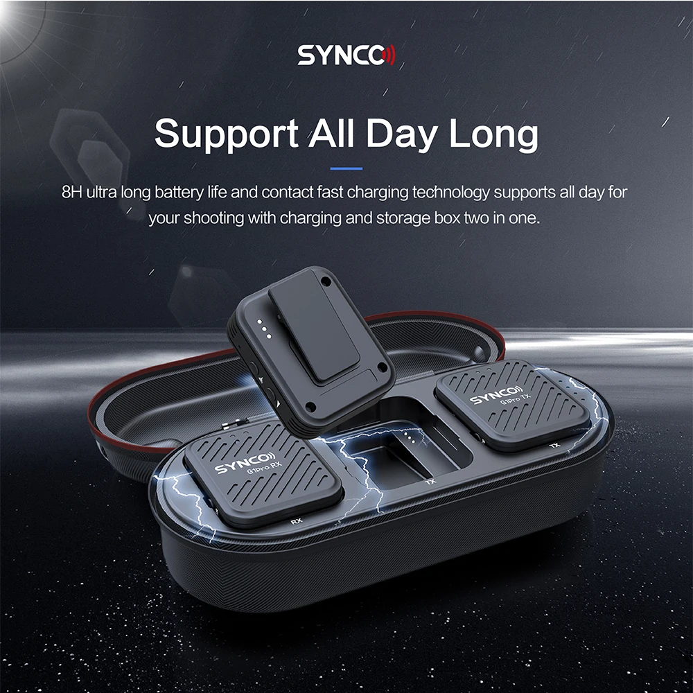 SYNCO G1A2Pro ميكروفون لافالير لاسلكي 150 متر ميكروفون ذو طية صدر السترة بدون ضوضاء مع صندوق شحن للهاتف الكاميرا