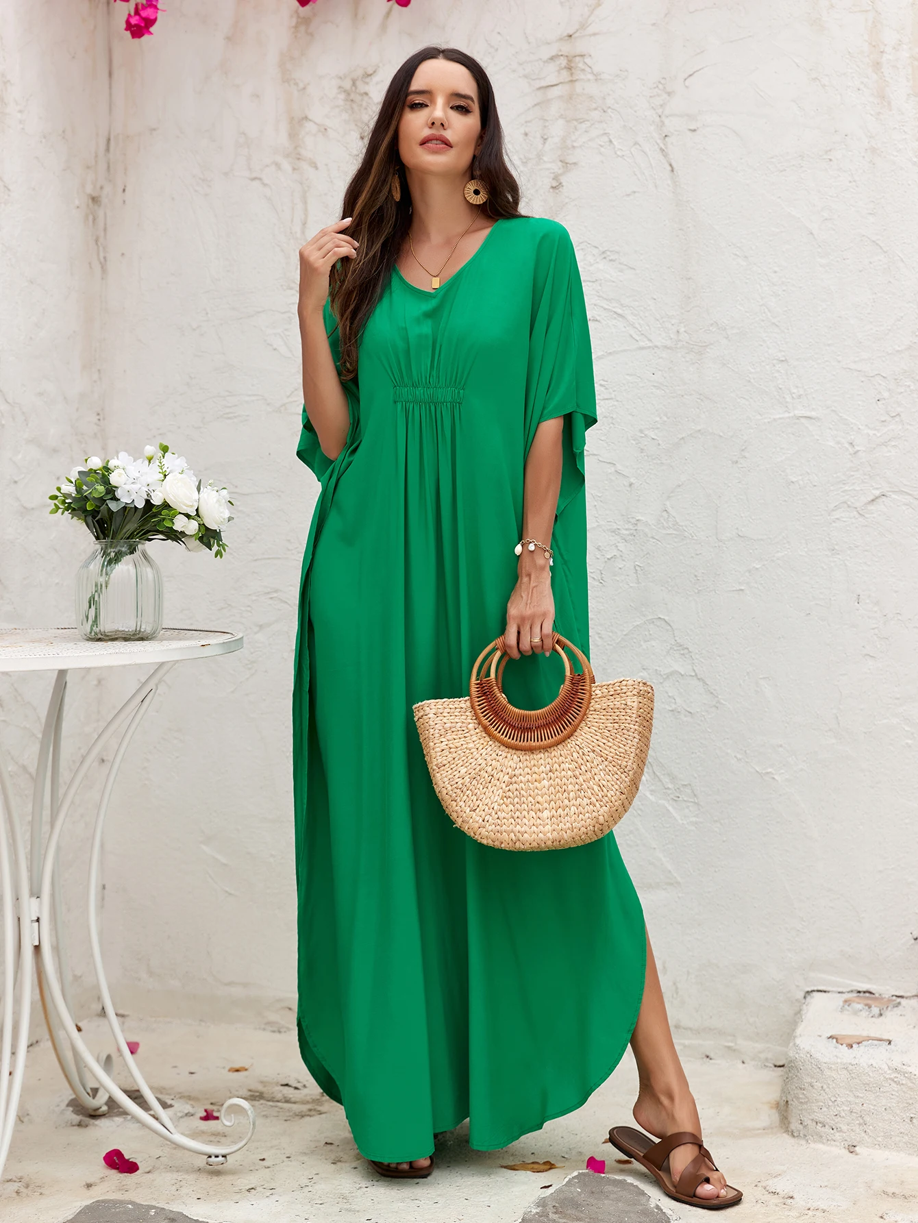 

Solid Color Boho Maxi Dress for Women, Elegant Side Slit Beach Robe, Summer Cover Up for Bikini & Swimsuit