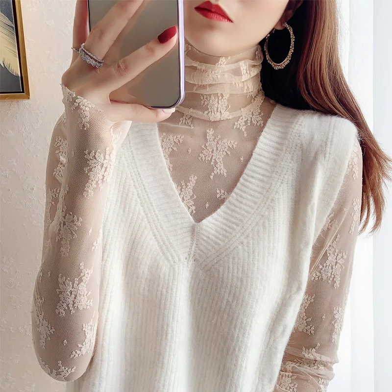 

Новая женская базовая блузка с высоким воротом и кружевом, тонкая, осенне-зимняя, с вырезами, сетчатая, в корейском стиле, для повседневной носки, модная, с длинными рукавами