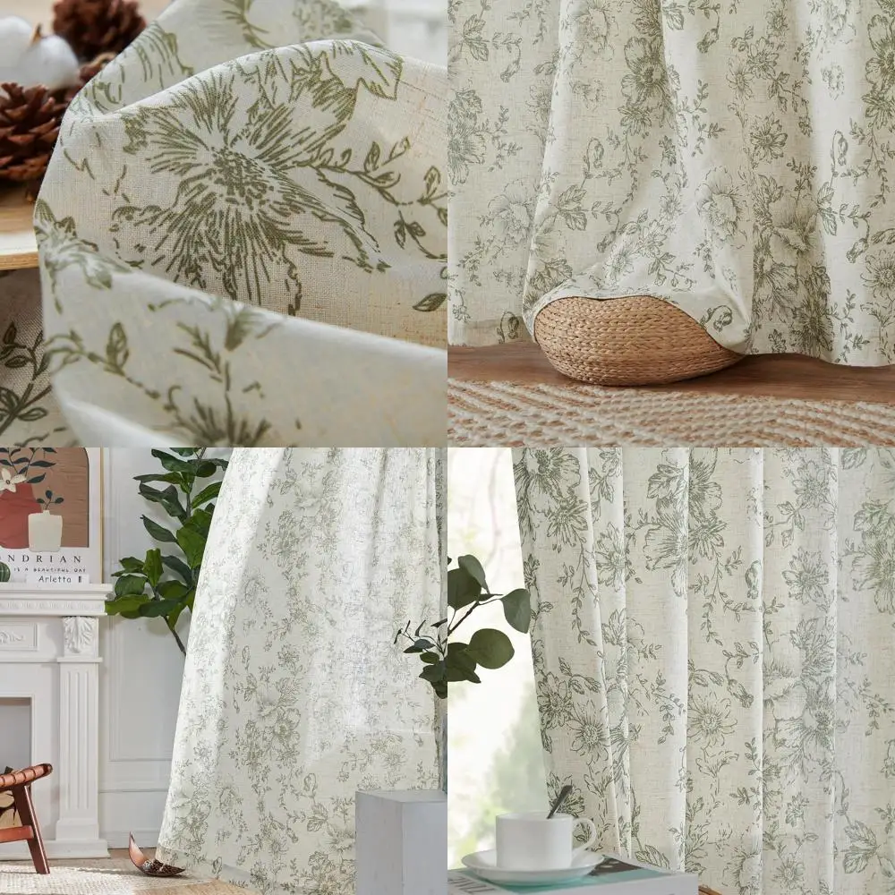 

jinachan Pinch Pleated Curtains Floral Linen Blend Curtains for Living Room 96 Inches Length Christmas Green Peony Flower Printe
