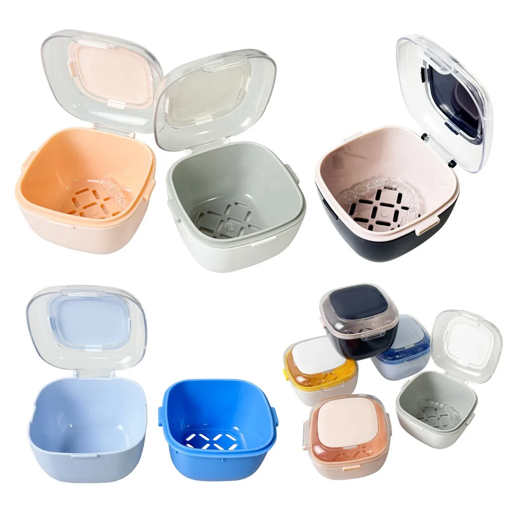 Denture Bath Box Travel Portable Retainer Case Aligner Mouth Guard Box Oral Cleaning False Teeth Soaking Container Storage Case