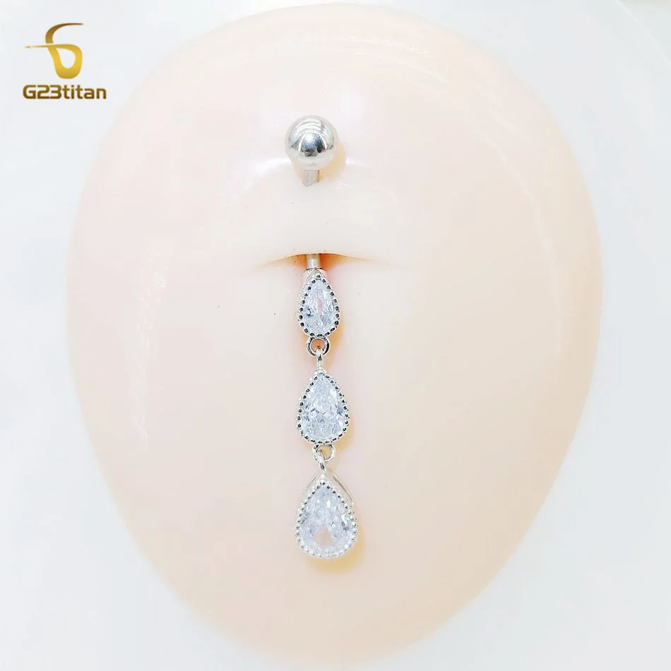 G23Titan Long Water Drop Navel Ring CZ Zircon Dangle Belly Button Piercing Jewelry 14G Titanium Curved Barbell Pircing Nombril
