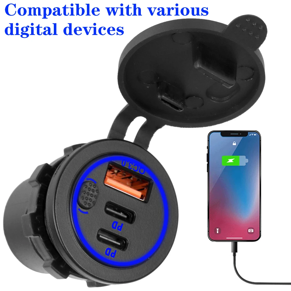 مقبس شاحن USB مزدوج مقاوم للماء ، 12-24 فولت ، 75 واط ، منفذ ، QC ، سيارة ، قارب ، مفتاح طاقة