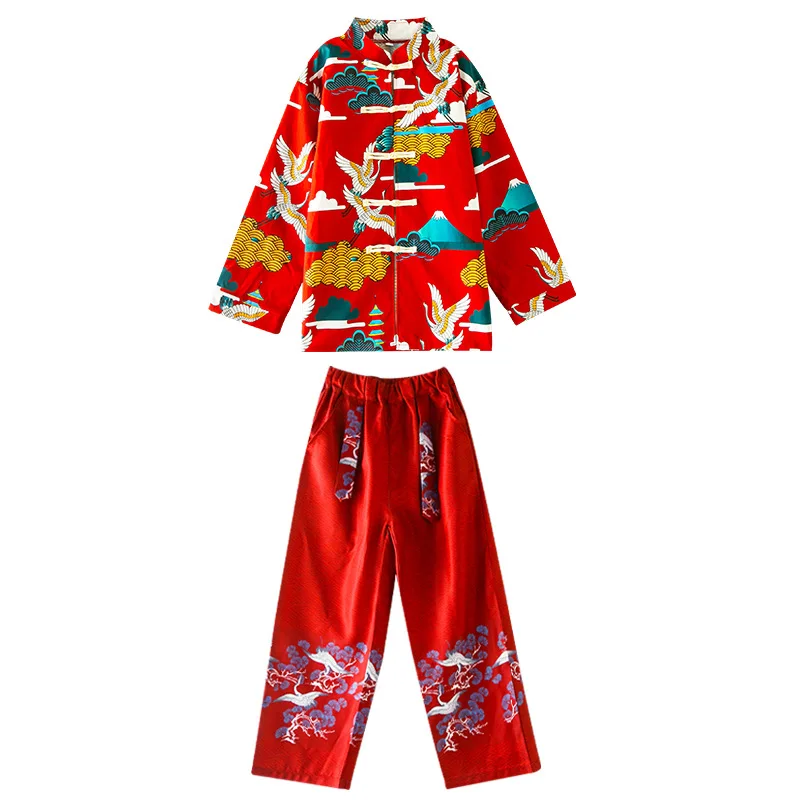 Trajes de Dança Hanfu Tradicional Chinesa para Crianças, Roupas Estampadas Vermelhas, Top de Botão Sapo, Saia Plissada e Calças para Meninos e Meninas