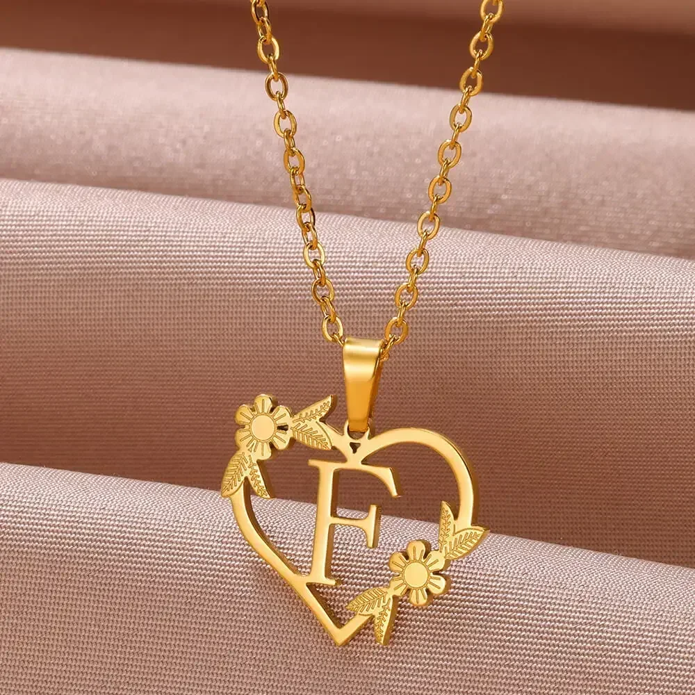 Gold Color Dainty Flower Initials Necklace Women Girls Stainless Steel Heart Letter Choker Necklace Best Gifts Alphabet Jewelry