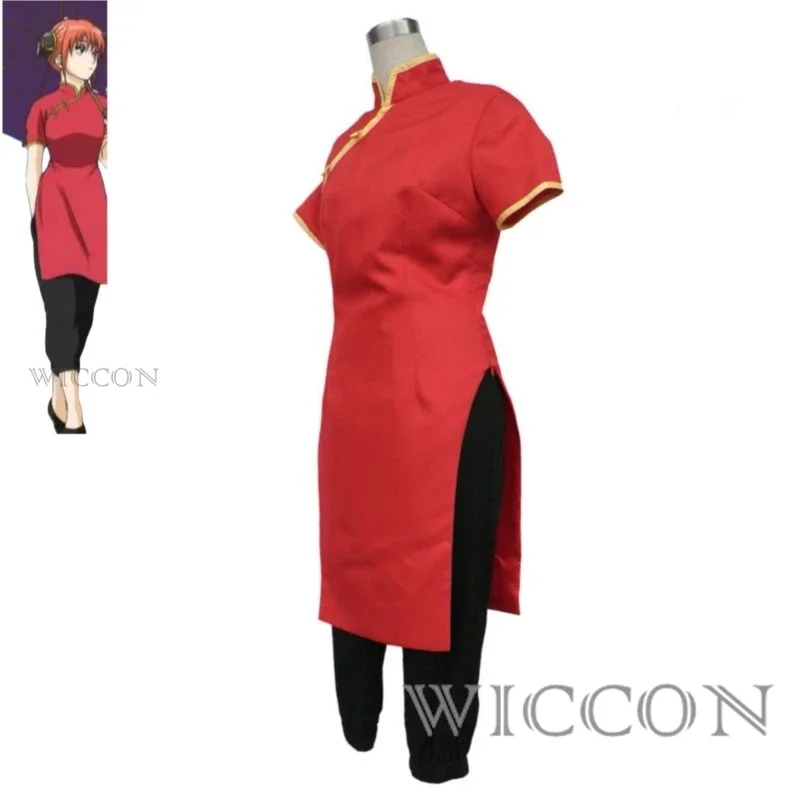 Cosplay Gintama Anime feminino, alma Kagura prateada, estilo chinês, roupas de treinamento, vestido vermelho, chapéu, fato de festa, peruca