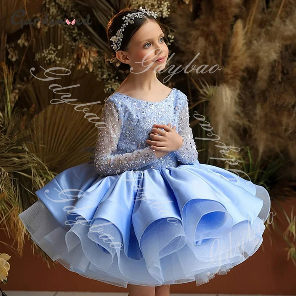 Sky Blue Full Sleeve Birthday Dress Little Girls Sequined Satin Princess Pageant Dress Toddlers Ball Gown Flower Girl Party Gown