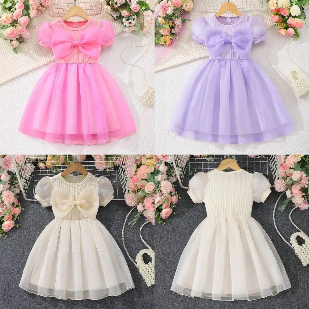 

Girls' short sleeved round neck solid color bow dress
