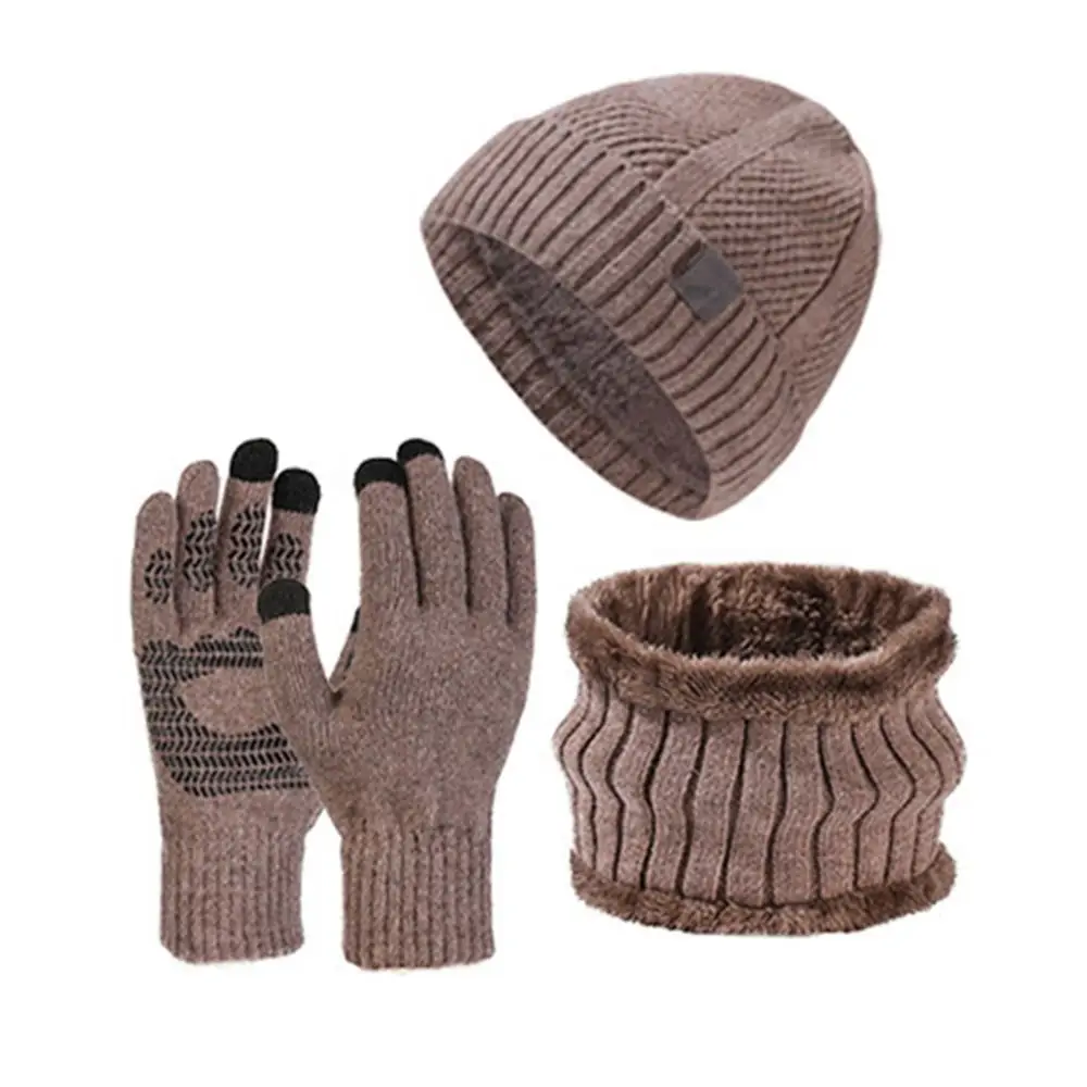 3Pcs/Set Set Topi, Syal, dan Sarung Tangan Musim Dingin Hangat dengan Lapisan Tebal, Syal Penghangat Leher, Set Beanie Rajut Elastis Tahan Angin untuk Pria