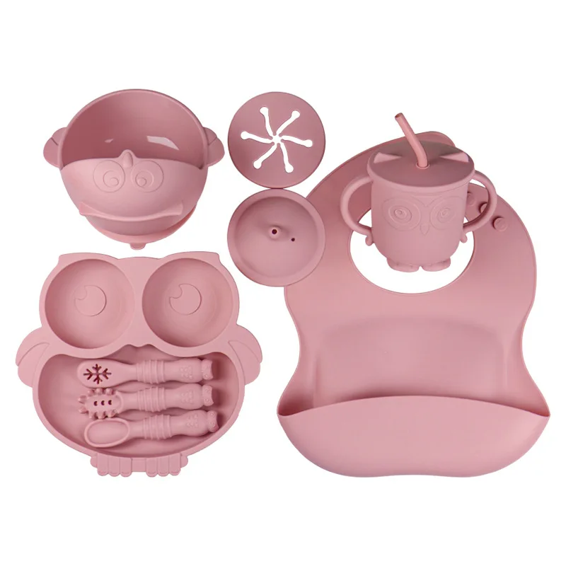 

9P Baby Silicone Plates Spoon Fork Bib Bowls Dishes Cup Child Feeding Suction Kids Toddler Eating Tableware Non-slip Dinnerware