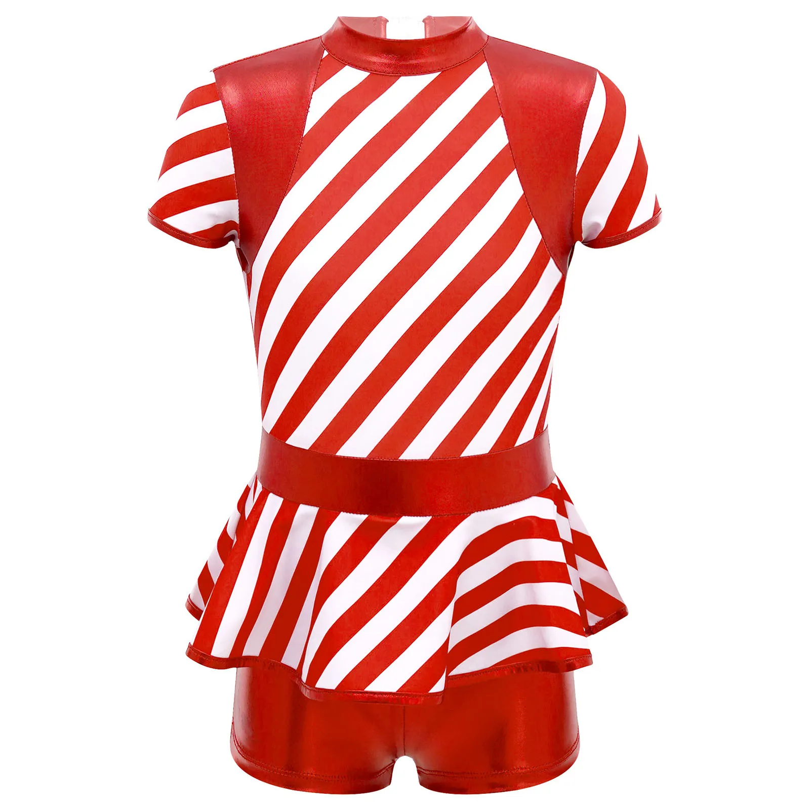 Kids Girls Elf Christmas Costume Xmas Cosplay Dress Up Themed Party Dress Children Cutout Ruffle Striped Leotard Jumpsuit Romper