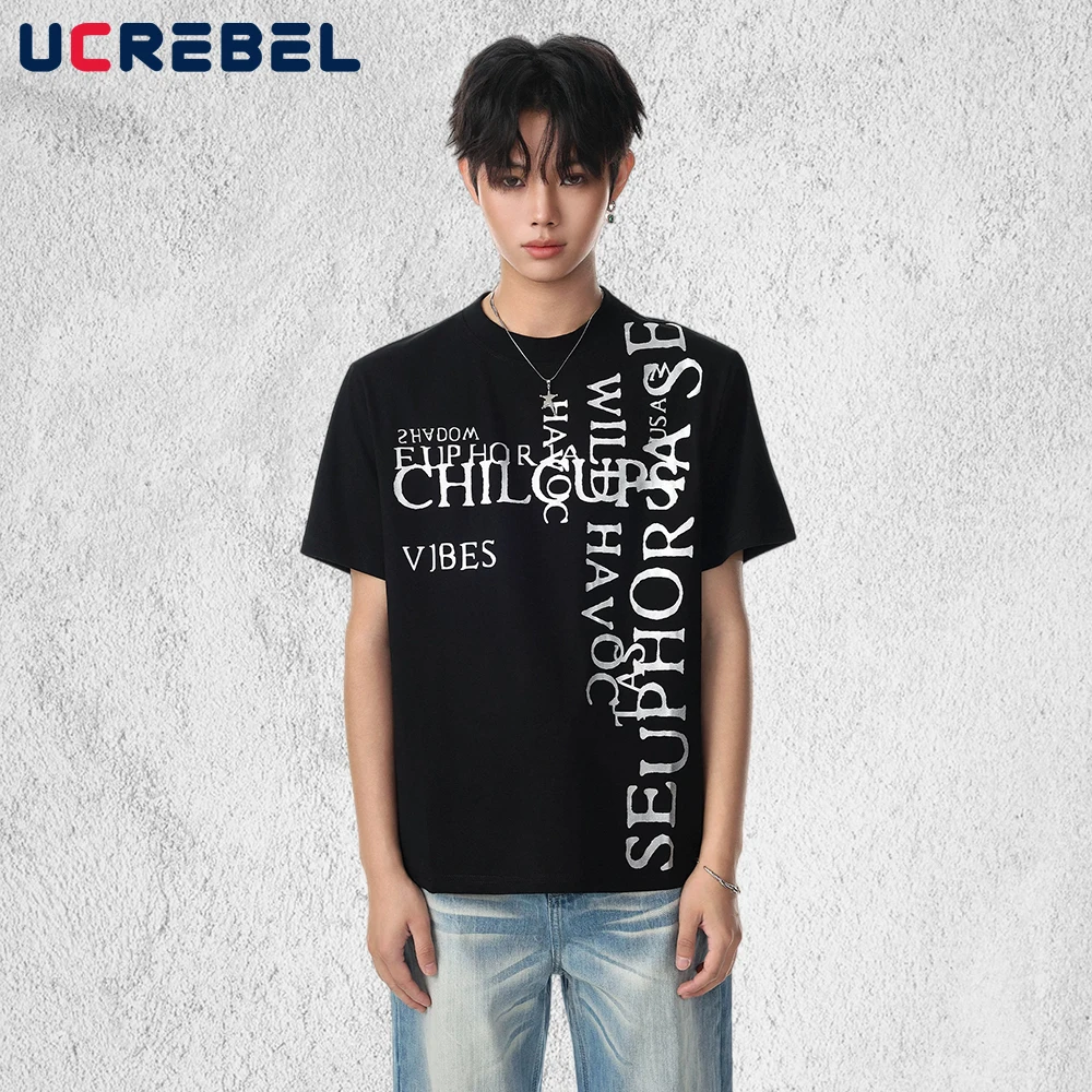 

Creative Letter Print Short Sleeve T-shirt Mens Summer Retro Hip Hop Streetwear Loose Crew Neck Cotton Tee Man