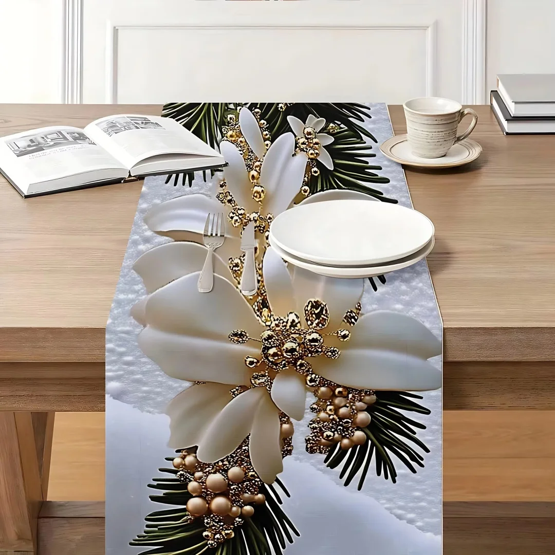 1piece 3D Embossed Christmas Table Runner White Flowers Pine Twigs Gold Beads for Xmas Dinner B&B Year End Party Art Exhibition